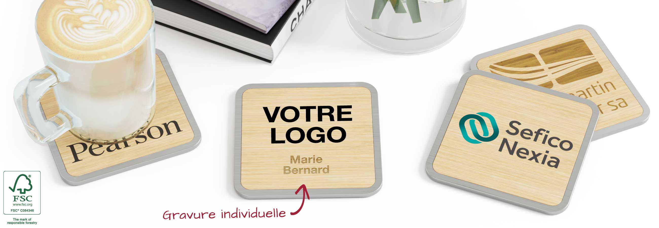 LOT DE 4 sous-verres en bambou réversibles - dessin gravé LOT DE 4 sous-verres en bambou réversibles - dessin gravé